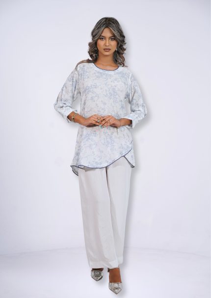 White & Blue Cotton Slub 1Pcs Kurti