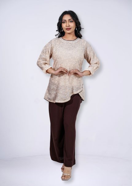 Peach and Brown Cotton Printed 1Pcs Kurti