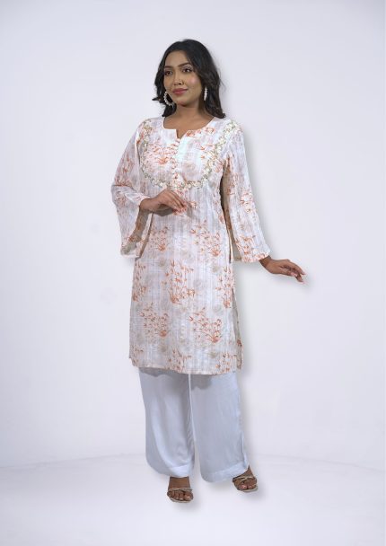Orange Floral Crinkle 1Pcs Kurti