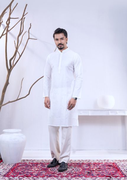 All Over Embroidered White Men's Panjabi