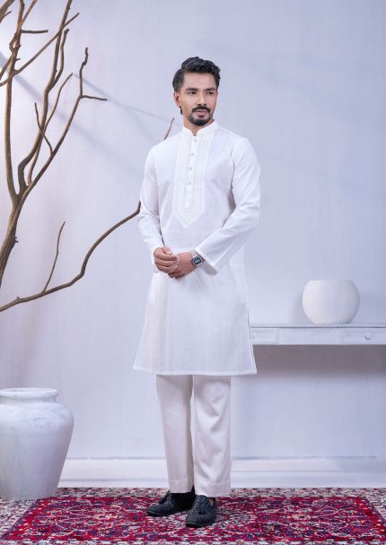 Embroidered White Men's Panjabi