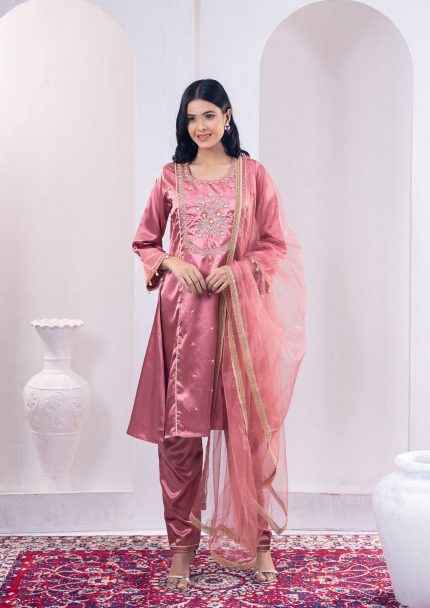 Old Rose 3 Pcs Round Hem Kameez Set