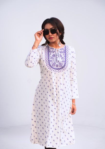 WHITE PRINTED 1 PCS ETHNIC KURTI